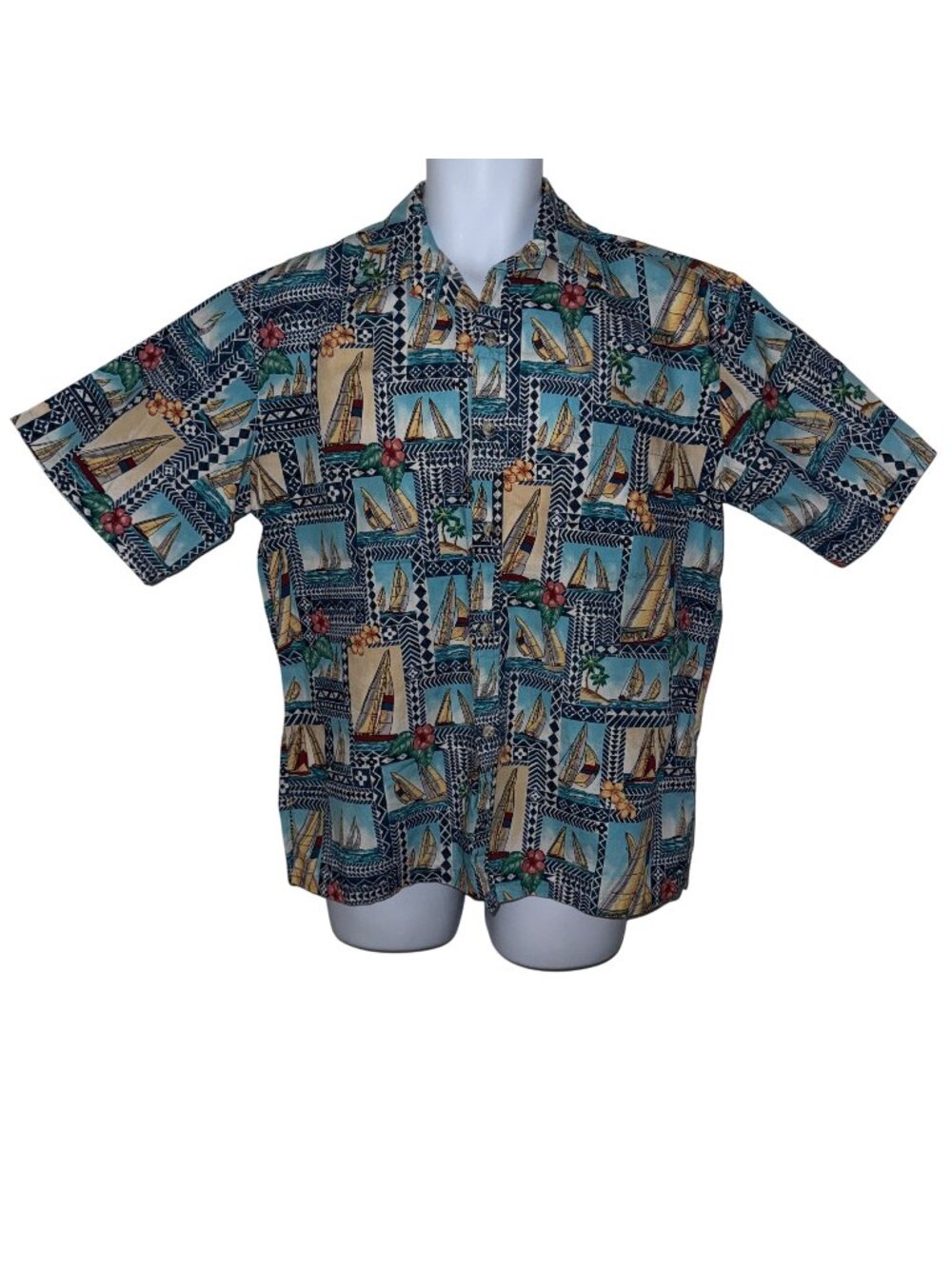 VTG Cooke Street Button Shirt Mens M Sailboat Blue Floral Colorful Hawaiian